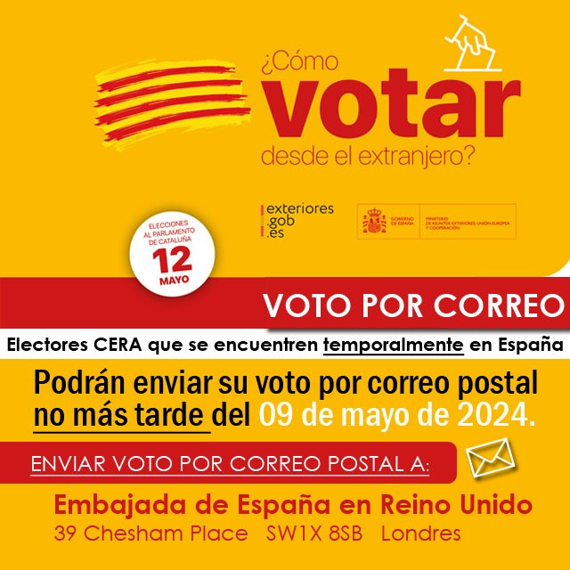 🗳️#VotoCERA si eres español residente en esta demarcación #TemporalmenteEnEspaña durante las #EleccionesCatalanas puedes 📨#VotoporCorreo en España igual que los residentes en territorio nacional.
 
🗓️Plazo para enviar voto no más tarde del 9️⃣ mayo
 
ℹ️NFO rb.gy/vdb4hl