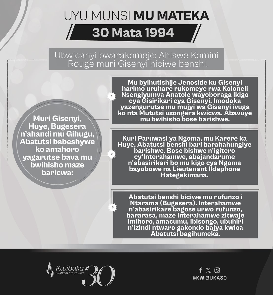 TODAY IN HISTORY On April 30, 1994, Genocide perpetrators tricked Tutsi into believing that peace had been restored. Those who emerged from their hiding places were mercilessly massacred. Learn more: youtube.com/watch?v=ftP8yp… Remember, unite, renew #Kwibuka30 — UYU MUNSI MU