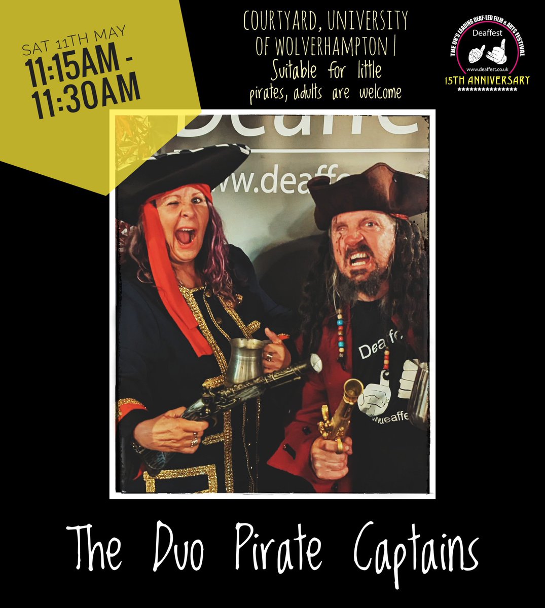 Yo ho ho! Come and join Captain Smithy and C’ptn Maz in this interactive BSL story-telling event at #Deaffest 2024! The Captains will share pirate tales of the Seven Seas, plus enjoy some sea shanties… SAVVY! #TuneintoDeaffests15th
