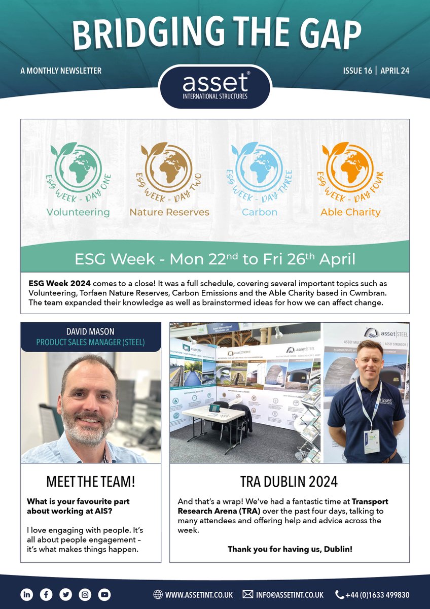 Here’s a round-up of everything that took place in April at Asset HQ! 🥳

We celebrated ESG Week 2024, introduced you to our Product Sales Manager (Steel) David Mason, and we had a great time at Transport Research Arena (TRA) in Dublin. 🇮🇪

#News #Newsletter #BridgingTheGap #ESG