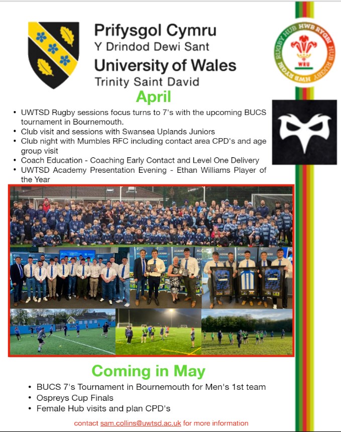 April has been all about club visits @Mumbles_RFC @UplandsRFC with CPDs, coaching sessions and sharing ideas. Also a little bit of celebrating the successes of @Academy_UWTSD season and preparing for @BUCSsport tournament in May. Lots to come next month