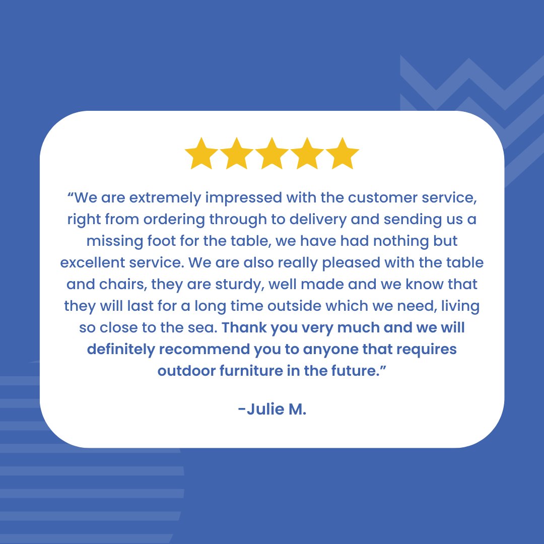 🤩🌟

A huge thank you to Julie for this wonderful review! Our customers are so important to us and we will strive to make our service as easy and efficient as possible so you can enjoy your furniture without any worries 🙌

#outdoorfurniture #furniture #gardenfurniture #review