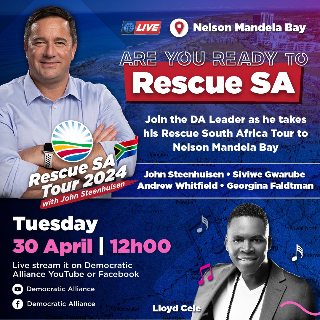 ⚡️Good morning Nelson Mandela Bay! Are you ready for the DA Leader's #RescueSAtour? This is your moment to unite and rescue the Eastern Cape.

Live-stream the event on the DA's YouTube and Facebook pages: youtube.com/watch?v=hCHMQS…

#RescueSA