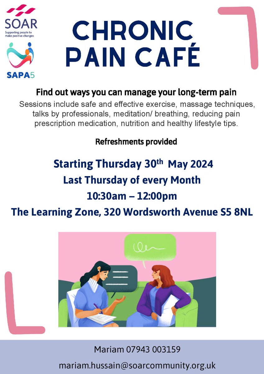 Find out ways to manage your long-term pain with Mariam, one of our Wellbeing Coaches 👇 Starting at the end of May, this group will run on the last Thursday of every month at The Learning Zone 🤩
