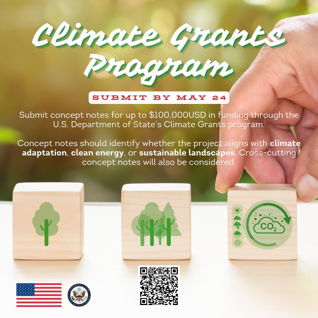 🚨 #FundingOpportunity! Want up to US$100,000 to fund your climate project? @SciDiplomacyUSA's Climate Grants program is accepting concept notes until May 24! 

Don't miss out - check eligibility and submit now: ow.ly/sUub50RroKn