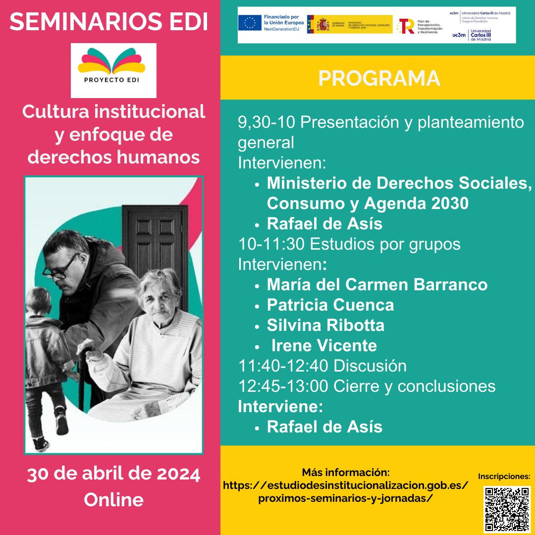 📢¡Ya ha empezado el #SeminariodeEstudiosEDI: 'Cultura institucional y enfoque de #derechoshumanos'! 🤝 Organizado por @idhbc_uc3m y @MSocialGob 🔴 Síguelo en directo a través de este enlace: youtube.com/watch?v=qsEANI…