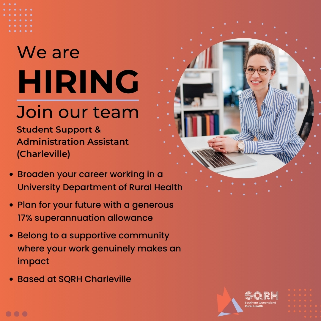 Join our team in Charleville! Seeking an organised, personable Student Support/Admin Assistant at Southern Queensland Rural Health. Provide admin support, assist students, and ensure smooth operations. Learn more: shorturl.at/lsIY8 #TeamSQRH #CharlevilleOpportunity