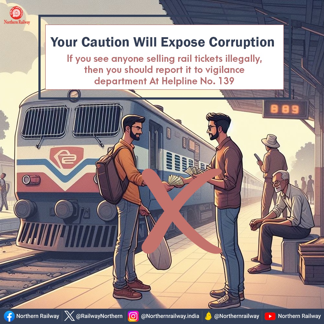 Your Caution Can Expose Corruption!

Passengers are requested to cooperate with the vigilance staff at Railway Station premises by reporting any illegal selling of rail tickets at Helpline No. 139. 

#SayNoToTout #CVC
