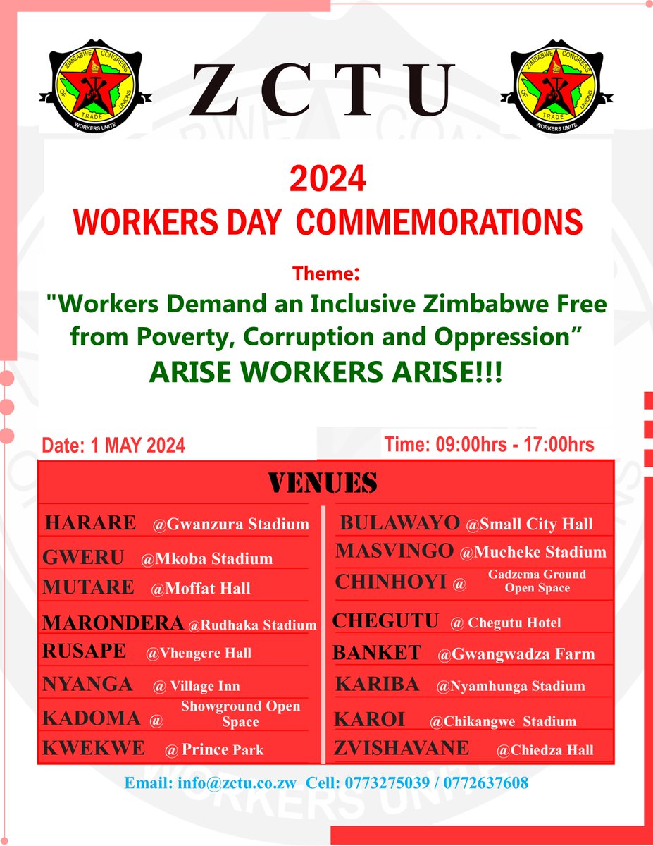 Media Alert: Workers Day Venues @NewsDayZimbabwe @DailyNewsZim @ZBCNewsonline @HeraldZimbabwe @NewZimbabweCom @zimlive @ZiFMStereo @263Chat @misazimbabwe @ZUJOfficial @FingazLive @HevoiNews @NewZiana @MasvingoMedia @StarFMNews