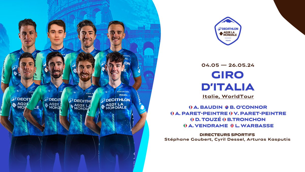 🇮🇹 <a href="/giroditalia/">Giro d'Italia</a> 
🗓️ 04 - 26/05

🇦🇺 @ben_oconnor95
🇫🇷 <a href="/Alexbaudin73/">Alex Baudin</a>
🇫🇷 <a href="/AurelienParetP/">AurélienParetPeintre</a>
🇫🇷 <a href="/Valent1_Paret/">Valentin Paret-Peintre</a>
🇫🇷 <a href="/damientouze/">Damien Touzé</a>
🇫🇷 <a href="/BastienTronchon/">Bastien Tronchon</a>
 🇮🇹Andrea Vendrame
🇺🇸 <a href="/larrywarbasse/">Ellipal Technical Help Chat</a>

#DECATHLONAG2RLAMONDIALETEAM - <a href="/decathlonitalia/">decathlon_italia</a> <a href="/AG2RLAMONDIALE/">AG2R LA MONDIALE</a>