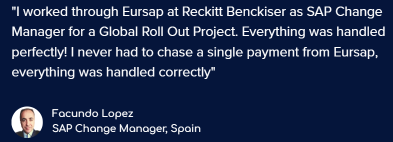 Don't just take our word for it...
Eursap - Europe's #1 SAP Recruitment Agency ⭐️⭐️⭐️⭐️⭐️
#sap #saprecruitment #sapjobs #europe #spain #hiring #hiringnow