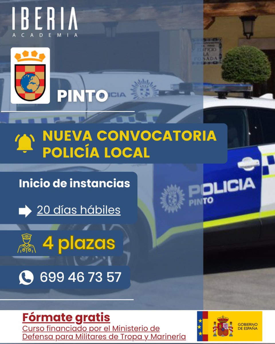 ¡Y continuamos con una nueva convocatoria! 🙌🏼

➡️ 4 plazas de #PolicíaLocal para el Ayuntamiento de #Pinto. 👮🏼
🔗 boe.es/boe/dias/2024/…

Para más información, llámanos o escríbenos al 📲 699 46 73 57. 😉

#academiaiberia #academiaoposiciones #madrid #opositor #opositorpolicia