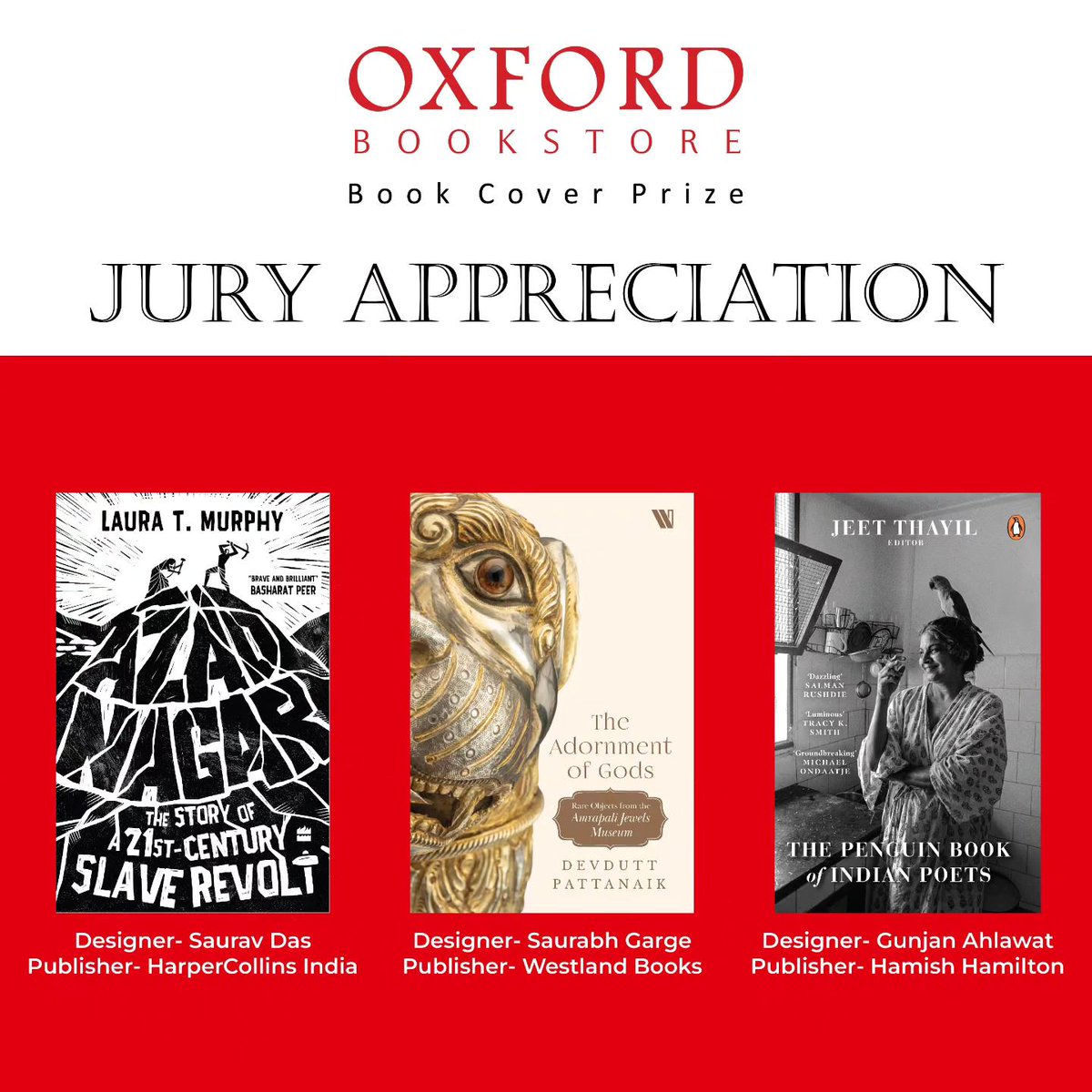 oxfordbookstore's tweet photo. #OxfordBookstoreBookCoverPrize is pleased to acknowledge designer Saurav Das, designer Saurabh Garge & designer Gunjan Ahlawat for their remarkable command of graphics and visual narrative for the book covers designed by them. @PritiPaul7
#JuryAppreciation #BookCoverPrize https://t.co/zGoxT8gp54