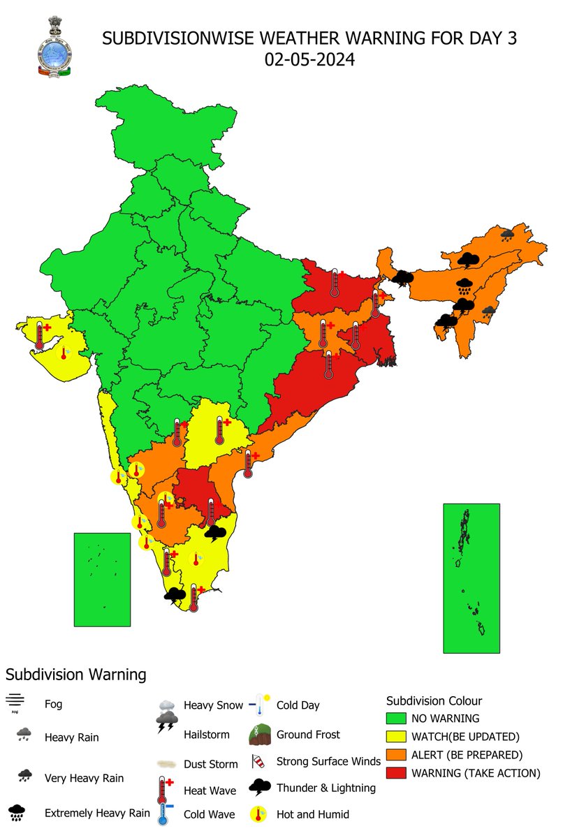 Heat wave to severe heat wave conditions likely to continue over East India till 02nd May and gradually abate thereafter.

Heat wave conditions likely to continue over south Peninsular India during next 5 days.