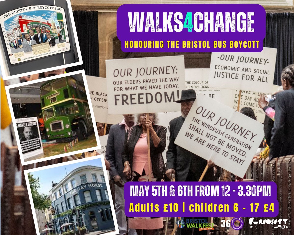If you love heritage and discovering new things about Bristol, join on 5/6 May for #Walks4Change, a guided #BristolBusBoycott tour. You'll see plaques, murals, stained glass windows, exhibitions and the chance to have a chat with the Boycotts pioneers. shorturl.at/bDG23