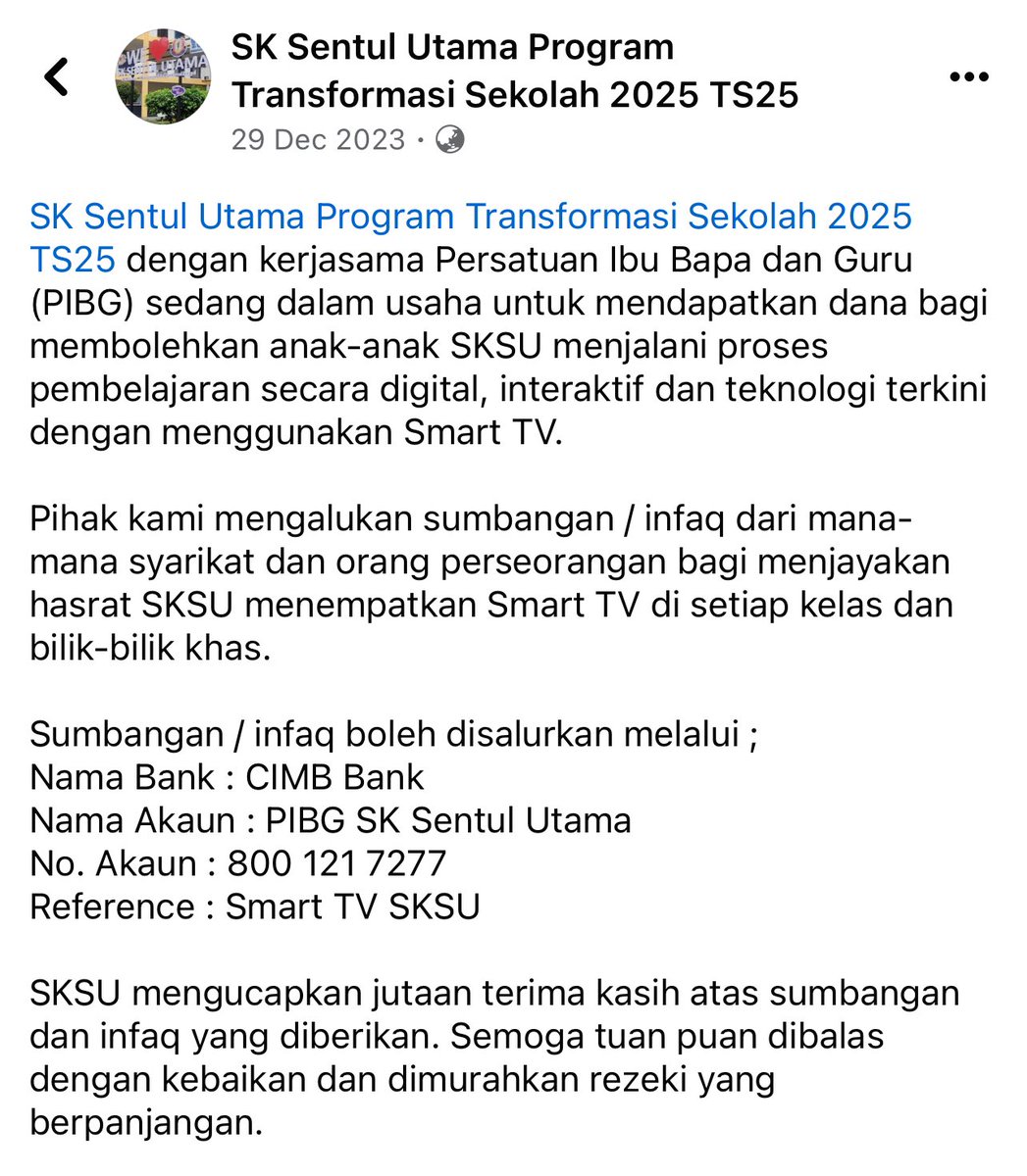 Salam semua..Jika ada yang sudi nak donate either money or even the smart tv itself pun boleh ya..Really really appreciate your kind gesture. At the moment we need around 7 sets of 43” of Smart TV for PPKI Classes and i would like to start in small scale first. (Continue) :