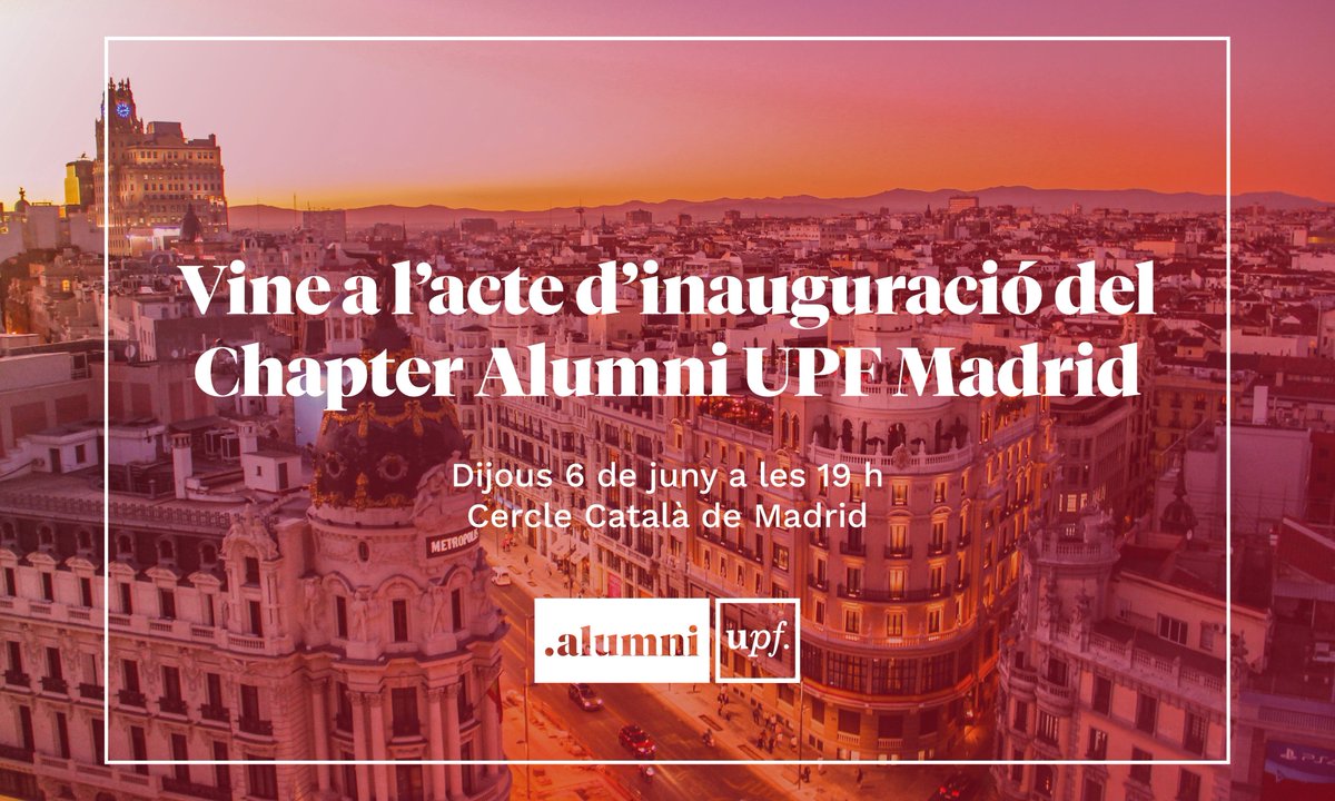 Vius a Madrid i ets #alumniUPF? El 6 de juny a les 19 h t'esperem al Cercle Català de Madrid on celebrarem la inauguració d'aquest nou Chapter Alumni UPF. Reserva la teva plaça! 👉 gck.fm/noufa