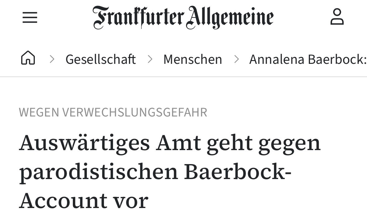 Erneut musste mein Feministerium den Account @ABaerbock wegen Verwechslungsgefahr melden. Der Spaß ist jetzt mal vorbei. Keine Ausreden mehr.