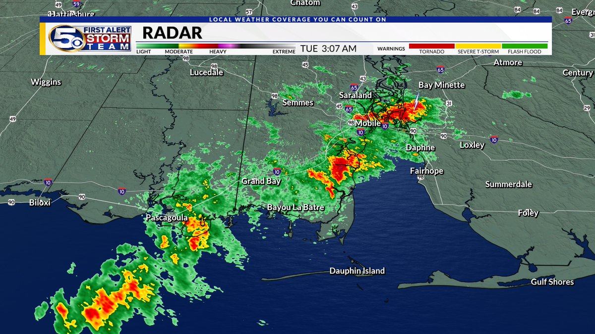 3 AM - Some heavy rain moving from Mobile County toward Baldwin County this morning!