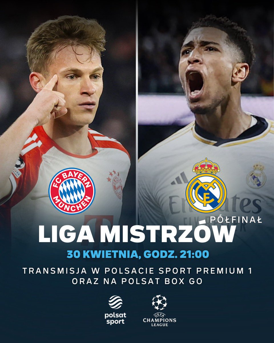 CZAS NA PIERWSZY MECZ PÓŁFINAŁOWY! 😍 Liga Mistrzów ⚽️ @FCBayern 🆚 @realmadrid ⏰ 21:00 📺 Polsat Sport Premium 1 📲 Polsat Box Go Start studia o 19:00 w Polsacie Sport Premium 1, a w Polsacie Sport 2 - o 20:00. #UCL