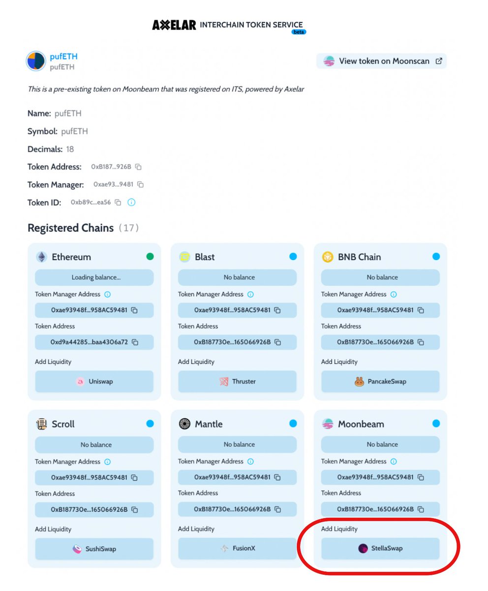We're the default Moonbeam DEX for Axelar's newly-launched interchain token service! 🎉 Interchain Tokens are a groundbreaking development spearheaded by @axelarnetwork in blockchain interoperability. And, the 1st step for any token on an ecosystem is always: Liquidity 🌊…