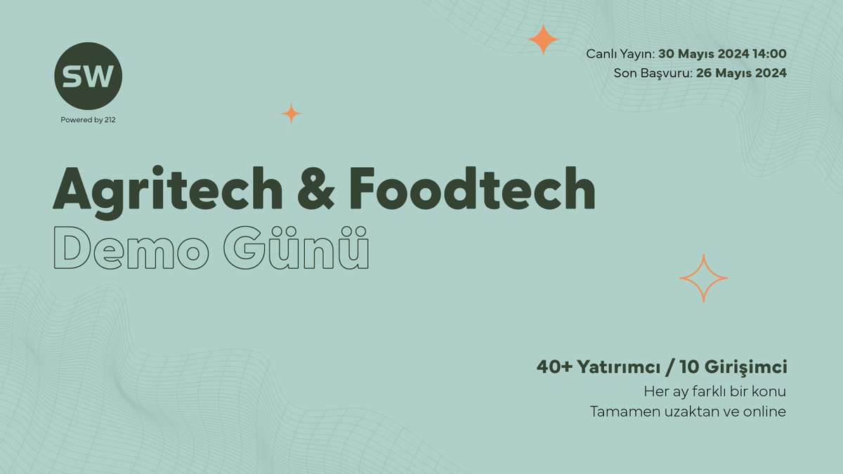 Mayıs ayı demo günü konusu Agritech & Foodtech!
Demo Gününe katılmak ve yatırımcılara sunum yapmak için son başvuru 26 Mayıs 23:59
forms.gle/EWdieyTDEDyU9Z…
#agritech #foodtech #demoday #startup