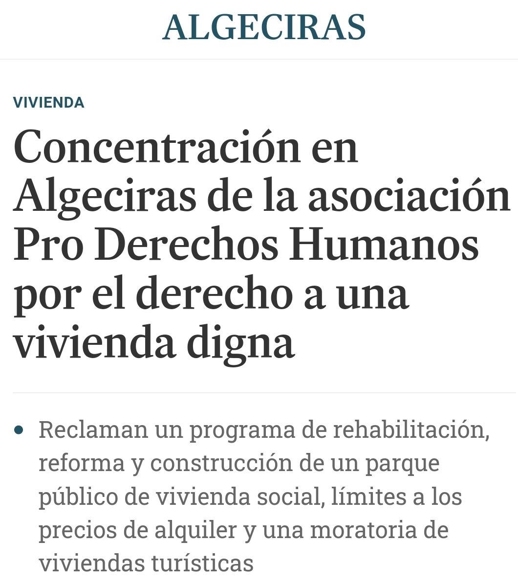 Está teniendo lugar en #Algeciras en estos instantes la concentración por el derecho a una #ViviendaDigna convocada por nuestr@s compañer@s de @CgibraltarAPDHA.

✅ Parque público de viviendas
✅ Límite al precio de los alquileres
✅ Moratoria sobre viviendas turísticas