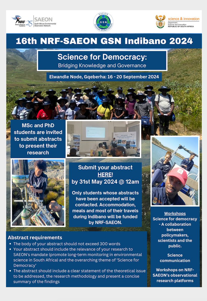 Abstract call for the @Saeonews GSN #Indibano24! The theme this year is 'Science for Democracy: Bridging Knowledge and Governance'. PhD and MSc students don't miss this exciting event and submit your abstracts by 31 May 2023. Submit your abstract here: docs.google.com/forms/d/e/1FAI…