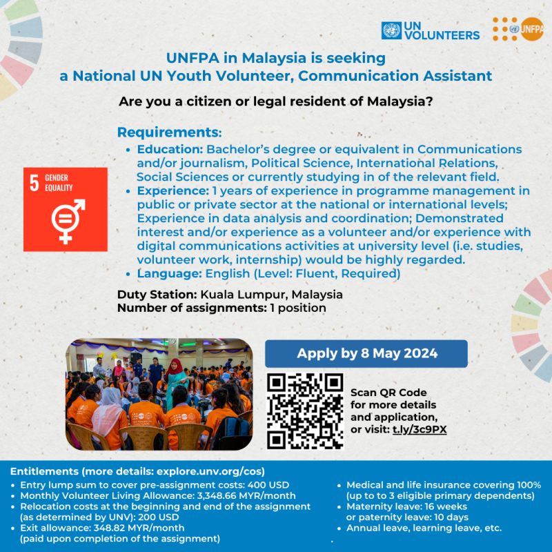 Amazing opportunity! UNFPA is seeking a youth volunteer to join their team in Kuala Lumpur as a Communication Assistant! 400 USD upfront, RM3.3k monthly allowance, up to 400 USD relocation allowance. Apply by 8 May 2024! More info: app.unv.org/opportunities/…