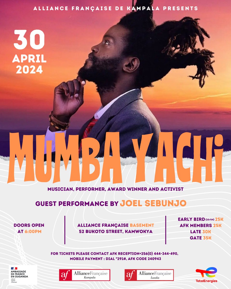 All is set for today's Mumba Yachi concert at @AFKampala. Gates will open at 6 PM and the concert starts at 7:30 PM. Get ready for a night filled with great music and unforgettable vibes. Get your ticket now at 30K and tickets at the gate will be 35K. We can’t wait to see you.