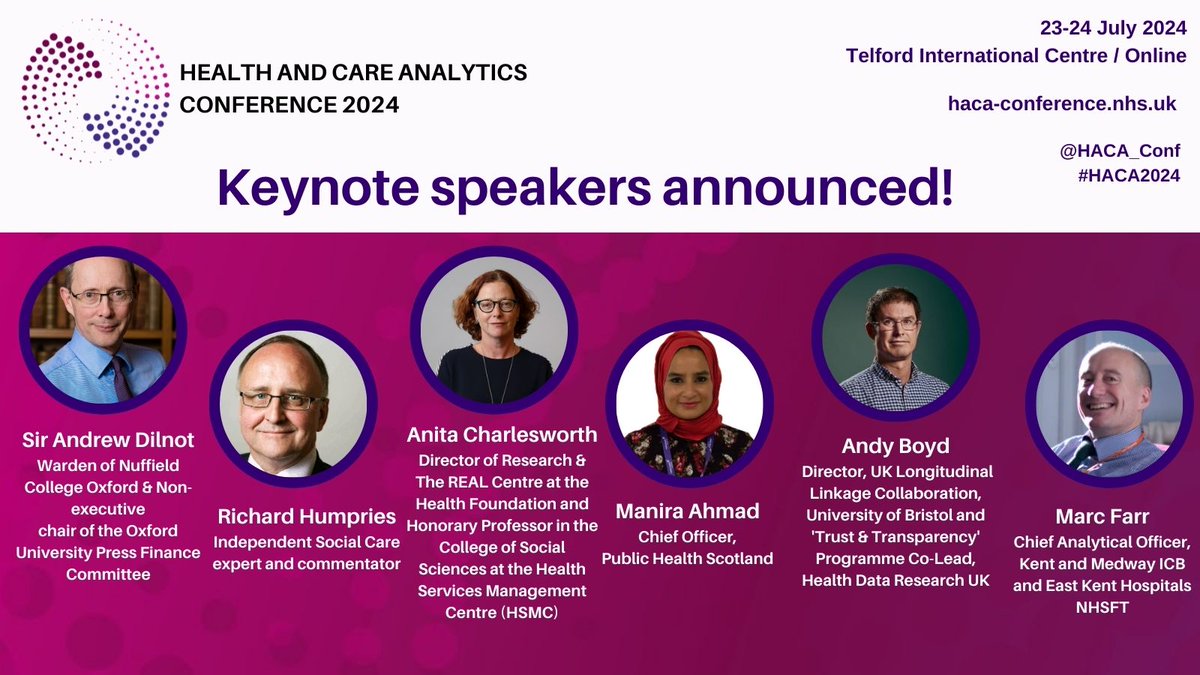 Meet Sir Andrew Dilnot, @RichardnotatKF , Anita Charlesworth, @ManiraAhmad , @_andy_boyd , and @marcwfarr - our distinguished keynote speakers at #HACA2024! Don't miss out on their thought-provoking sessions. Register now haca-conference.nhs.uk