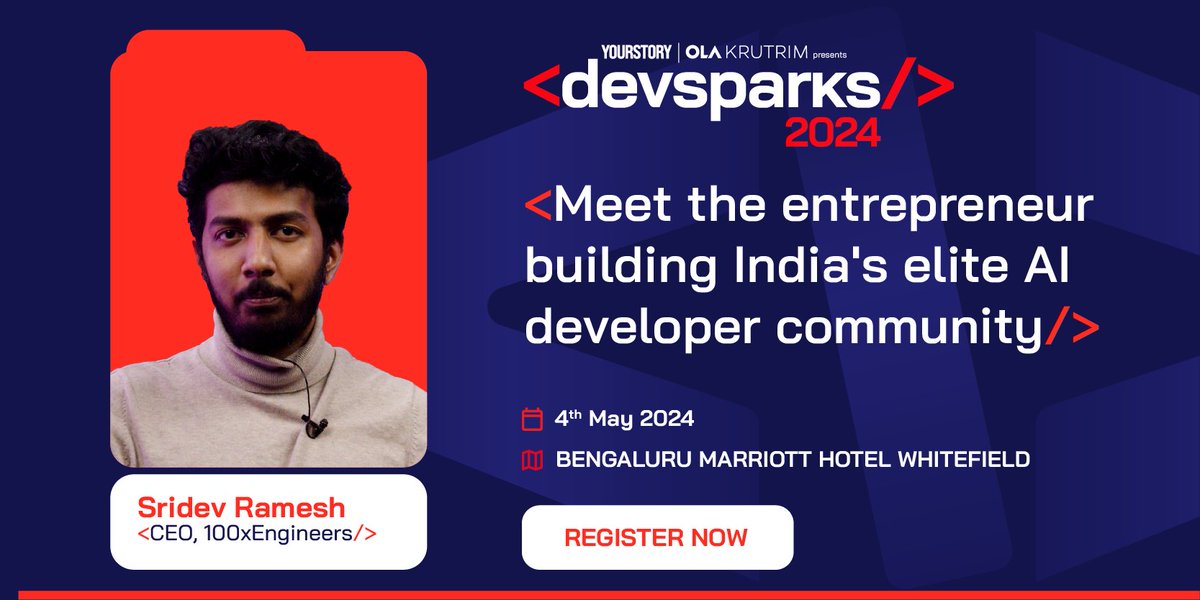 As the CEO of @100xEngineers, Sridev Ramesh is enabling the engineers of tomorrow in AI-augmented programming and Generative AI, as well as startup leadership and content creation. Catch him only at #DevSparks2024, YourStory's groundbreaking developer-first summit. Limited seats…