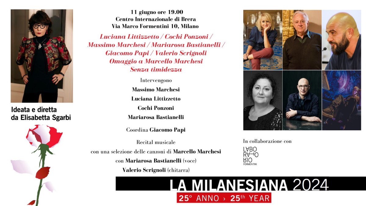 Aggiornamento @LaMilanesiana: la serata dedicata a Marcello Marchesi in programma l’11 giugno alle 19 al Centro Internazionale di Brera vedrà come ospiti Luciana Littizzetto @lucianinalitti, Cochi Ponzoni, Massimo Marchesi, Mariarosa Bastianelli, @giacomopapi e Valerio Scrignoli.