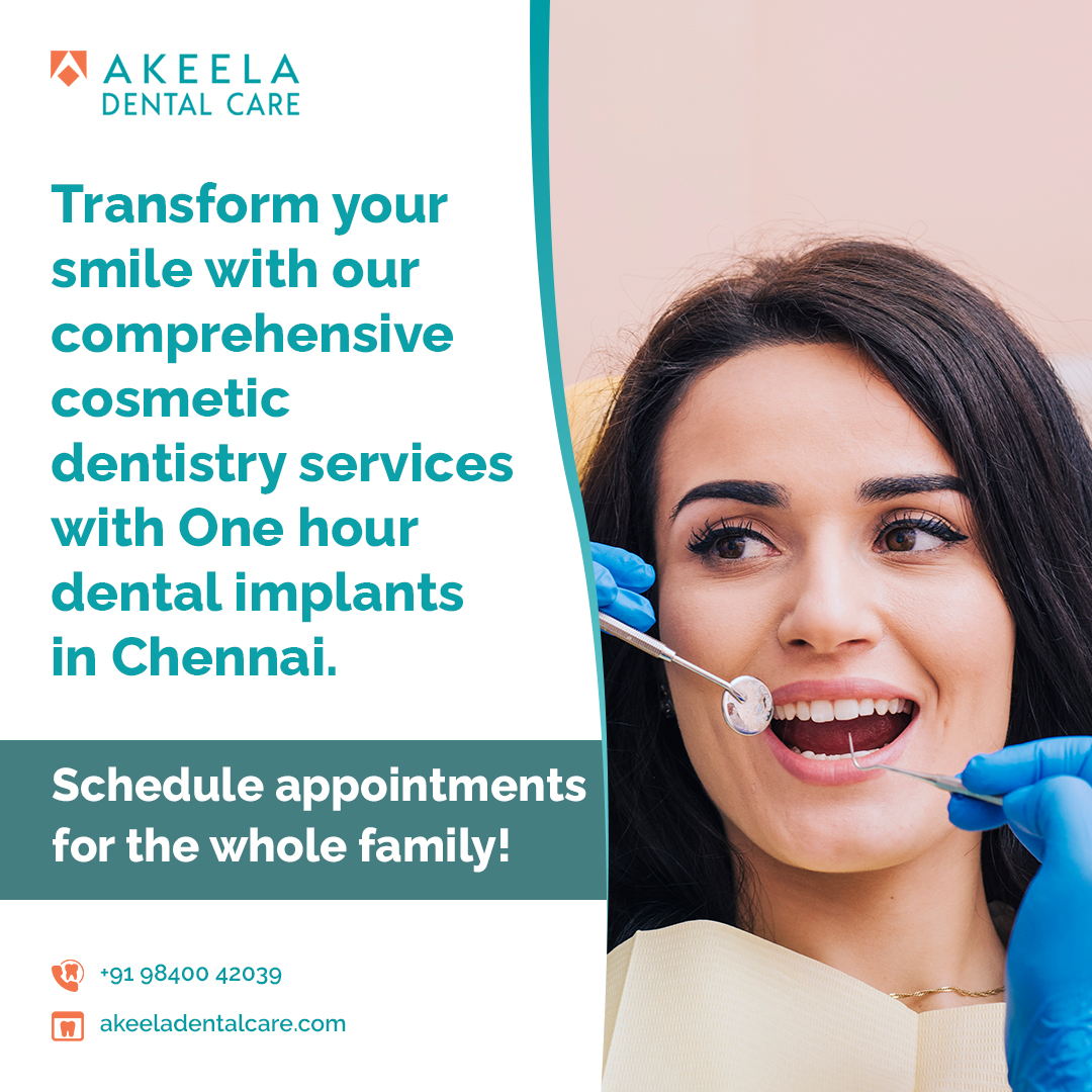 Transform your smile with our comprehensive cosmetic dentistry services with One hour dental implants in Chennai. Schedule appointments for the whole family!

#BestdentalimplantsinChennai #Dentist #DentalcareinChennai #Dentalclinic #teethcare #teethcleaning #akeeladentalcare