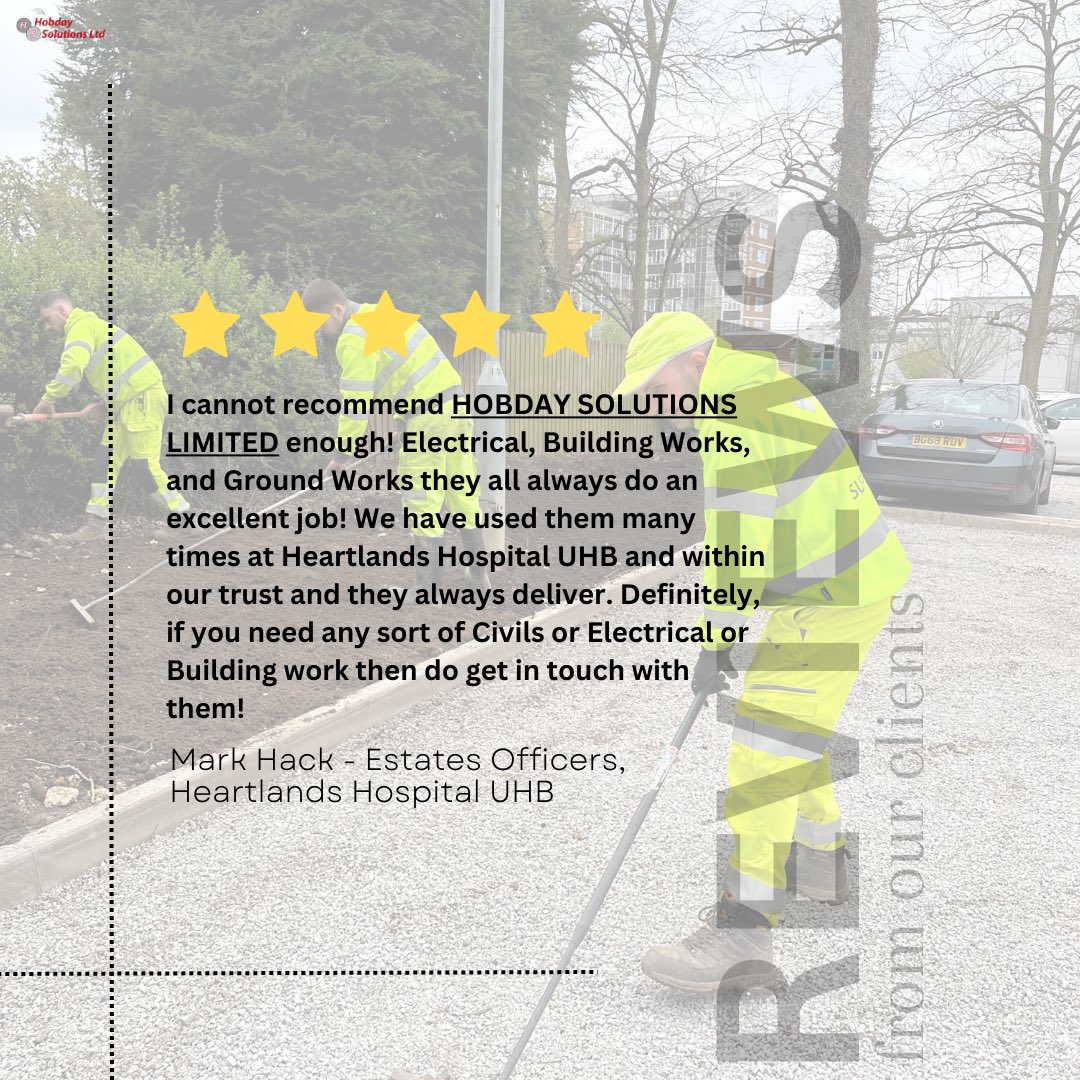 Another lovely review from one of our clients 🫶🏼

We are here for all your electrical, groundwork and civil needs! 

📞0121 218 7674
📧 info@hobdaysolutions.com 

#reviews #clients #hobdays #hobdaysolutions #happy #fivestars #birmingham #nhs #heartlands #hospital