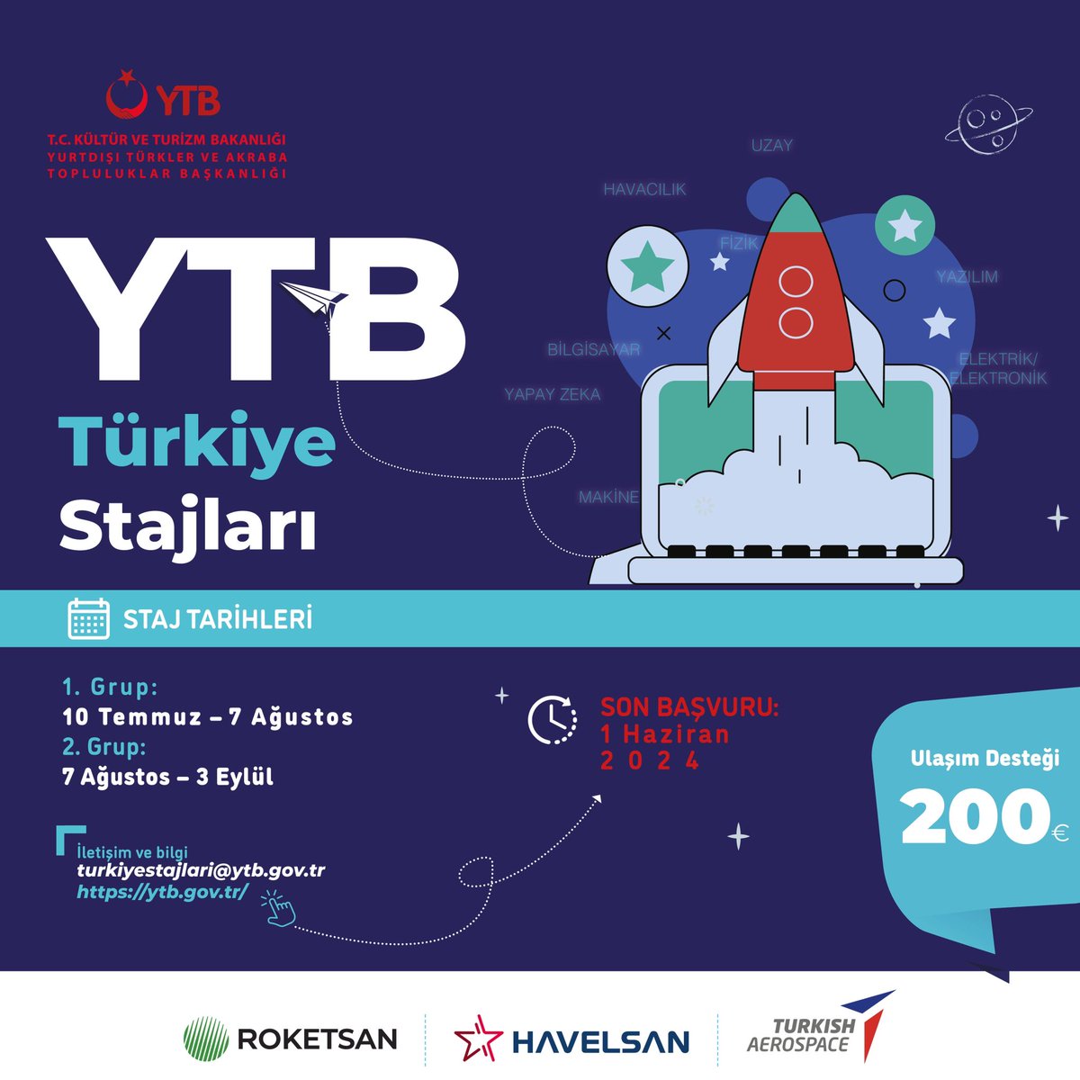 Yurt dışında yaşayan gençlerimiz, YTB desteğiyle @TUSAS_TR, @HAVELSANResmi ve @roketsan'da staj yapıyor. Staj Tarihleri: 📌1. Grup: 10 Temmuz - 07 Ağustos 2024 📌2. Grup: 07 Ağustos - 03 Eylül 2024 ⏳Son Başvuru: 01 Haziran 2024 👩🏻‍💻 Detaylı Bilgi İçin: ytb.gov.tr/haberler/ytb-t……