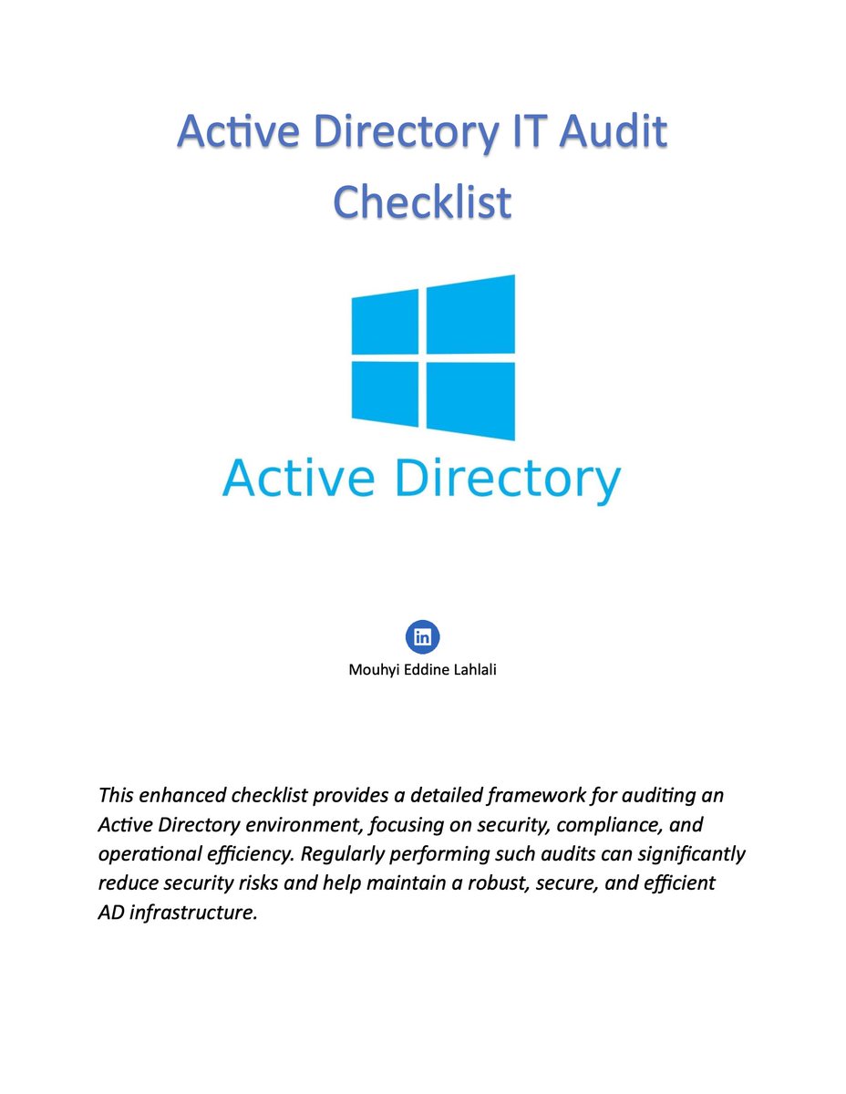 Today I have a great IT Audit Checklist suggestion for Active Directory❗️🤓 Don't forget to add it to your bookmarks.🤞🏻🌸

PDF Link: media.licdn.com/dms/document/m… 

#cybersecurity #infosec #activedirectory #windows  #pentest #pentester #audit #activedirectorysecurity #checklist
