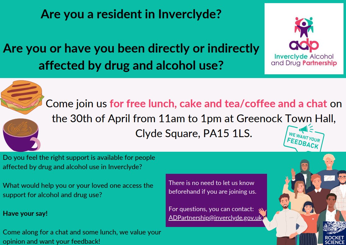 Inverclyde's Alcohol and Drug Partnership want to hear your views. Do you feel the right support is available for people affected by drug and alcohol use in #Inverclyde? What would help you or your loved one access the support for alcohol and drug use?