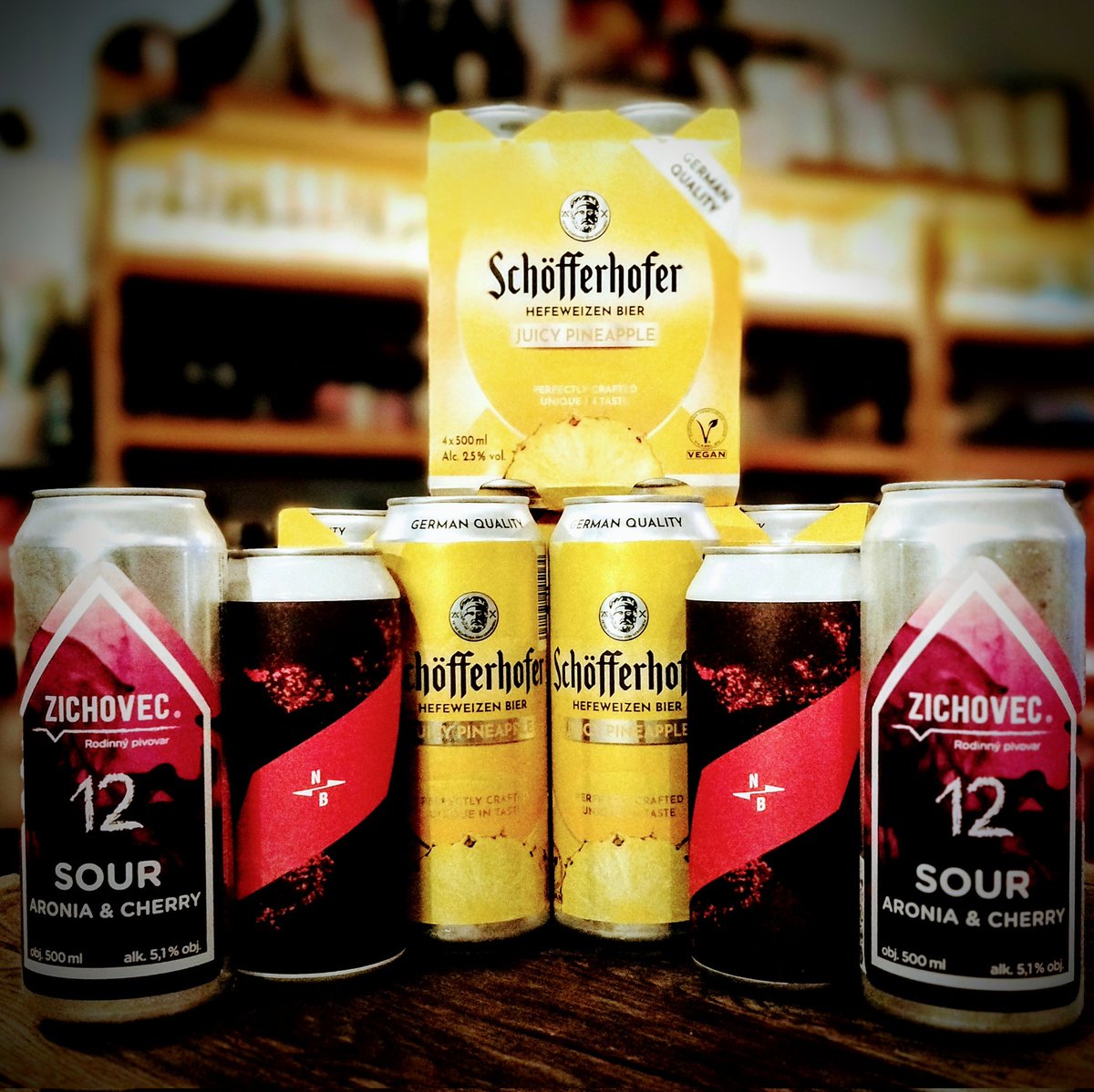 Schofferhofer Offer! Take away four pack for just £7.60! Plus, we've got a couple of new sours... Aronia and Cherry from Czechia's Zichovec, and a North Brewing Blood Orange and Rhubarb sour. Open at 4pm 👍 #colwynbay #alehouse #pub
