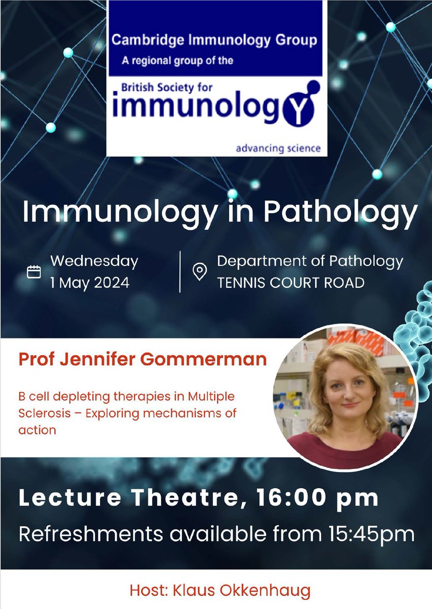 Looking forward to hosting Prof Jen Gommerman from the University of Toronto at the Department of Pathology Weds May 1st, 4PM. “B cell depleting therapies in Multiple Sclerosis – Exploring mechanisms of action”. All welcome! @BSICambridge @CamPathology @JenGommerman @UofT