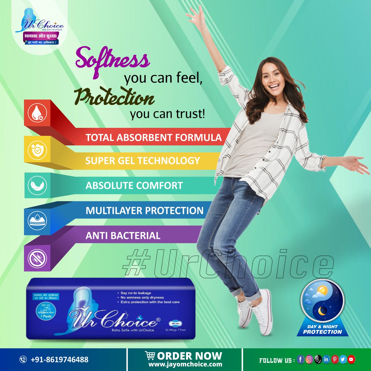 Experience Unparalleled Softness and Ultimate Protection with Ur Choice. 
Order Now : jayomchoice.com
#StayPrepared #urchoice #PeriodProtection #leakagefree #comfort #Absorption #WomenEmpowerment #Period #SanitaryPads #Menstruation #Covishield #IndianCricketTeam