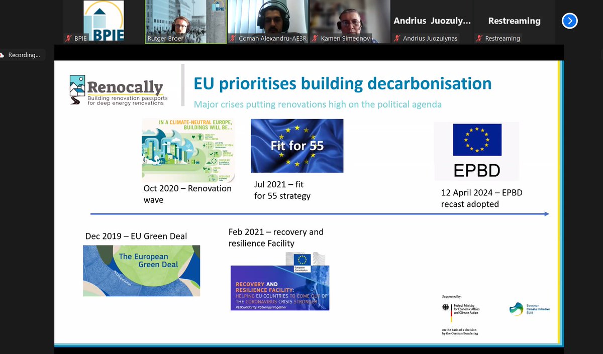 Our #Renocally webinar on just kicked off!💻 Join us to learn about #buildingrenovationpassports in context of the #EPBDrecast in countries like Romania, Slovakia and Bulgaria 👁‍🗨europeanclimate.zoom.us/webinar/regist… #Renocallynews #EUKI #EPBD