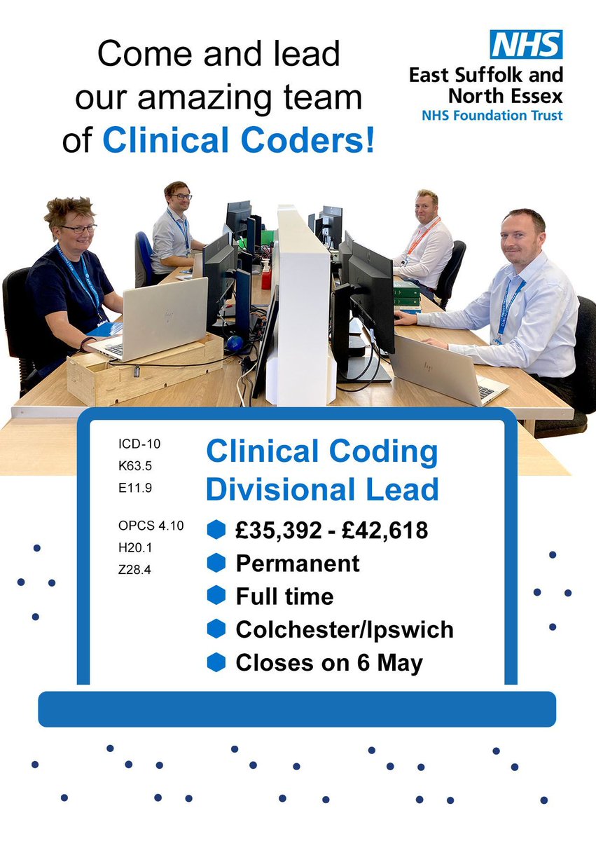 Are you an experienced and forward thinking Accredited Clinical Coder, looking for an exciting new challenge in a large NHS Trust? 👇 

💻 Apply here: buff.ly/3Qdoeqz 

#NHSClinicalCoding #ClinicalCoder #NHS #NHSJobs #HiringNow #Healthcare #NHSDigital
