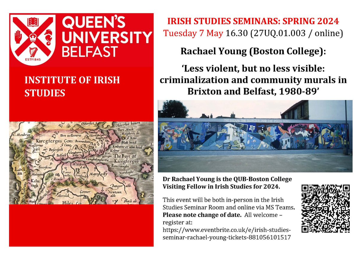 Our next Irish Studies seminar is on Tuesday 7 May at 4.30. Our visiting Boston College fellow Rachael Young will speak on community murals in Brixton and Belfast. In-person and online - register at seminar-rachael-young-tickets-881056101517 @BCIrishStudies @HAPPatQUB