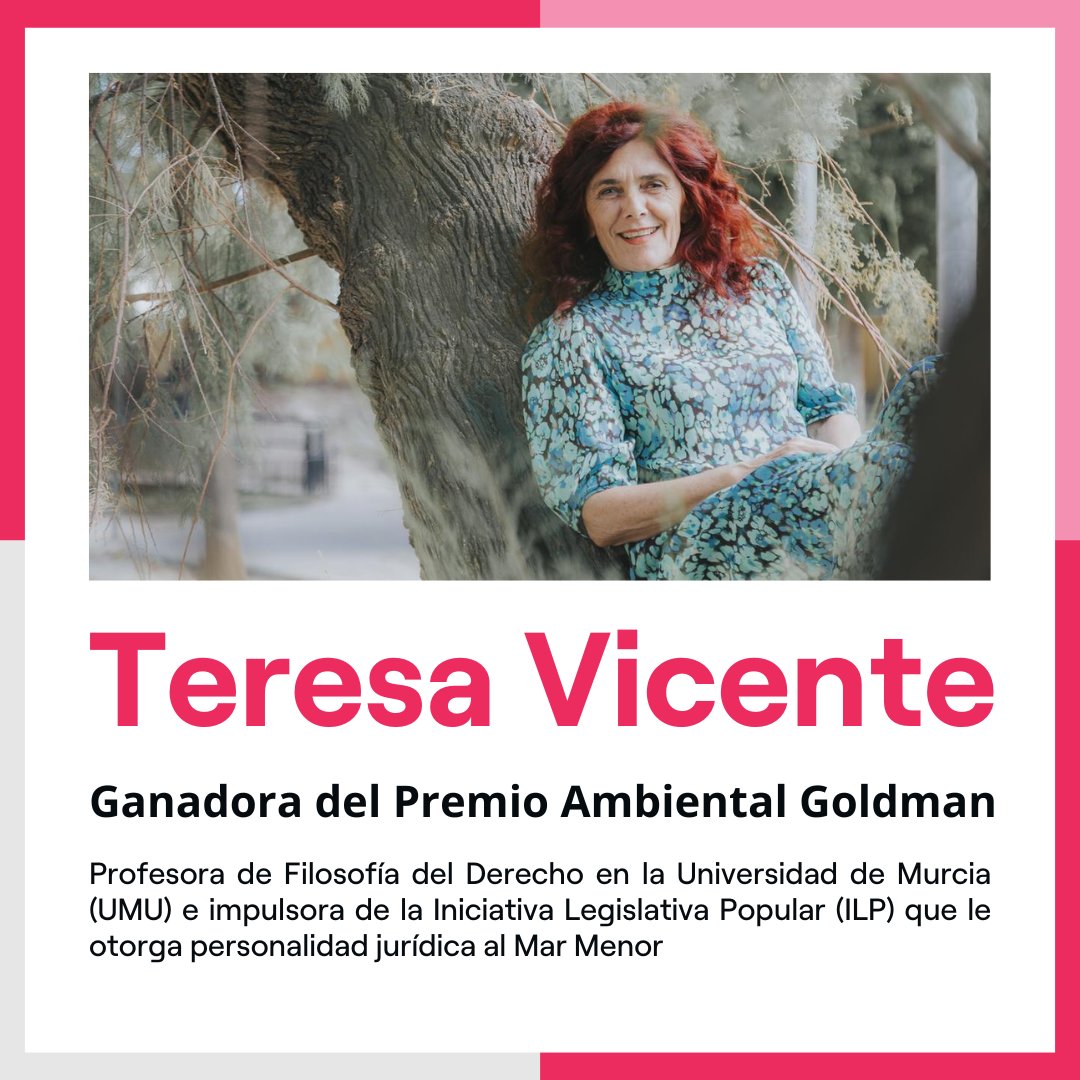 La labor incansable de Teresa Vicente por la defensa del Mar Menor ha sido reconocida con el #GoldmanPrize, conocido como el nobel de ecologismo. 👏Queremos darle la enhorabuena y las gracias. Que su ejemplo nos sirva para seguir avanzando defendiendo el planeta.