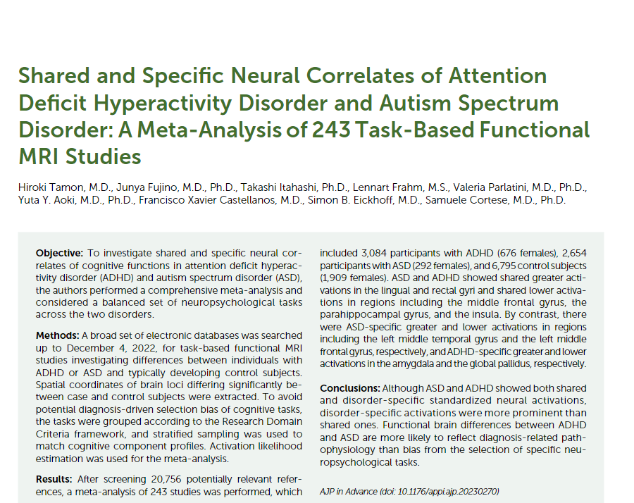 Our study in the American Journal of Psychiatry - AJP (@APAPubJournals) #Metaanalysis of 243 # task-based #fMRI studies #ADHD and #autism share some #brain correlates but disorder-specific #neural activations are more prominent ajp.psychiatryonline.org/doi/10.1176/ap…