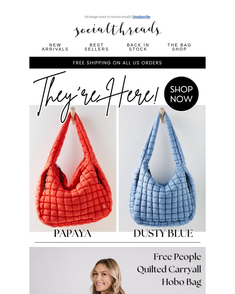 Selling Out Email from Social Threads
The NEW COLORS of the Free People Quilted Carryall Hobo Bag are SELLING OUT!
whosentwhat.com/emails/msg_nzl…