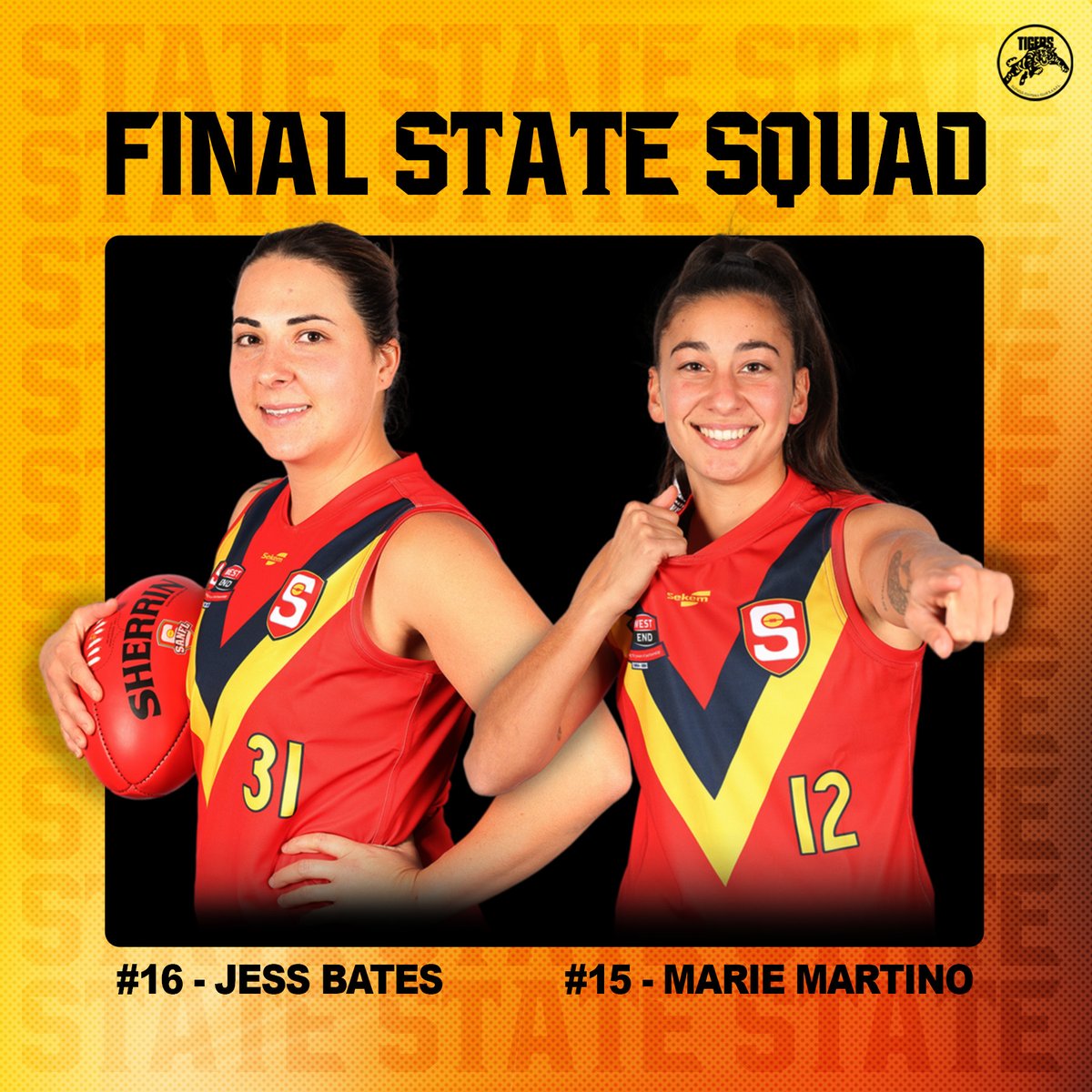 Sam Franson will Captain the SANFLW State Team this weekend in Perth against the WAFLW!
Marie Martino & Jess Bates will be alongside Sammy showing the West Coast how the Tigers do it🐯
You can read more here: bit.ly/3UCHBvL
Congratulations Girls, we're all behind you! 😤