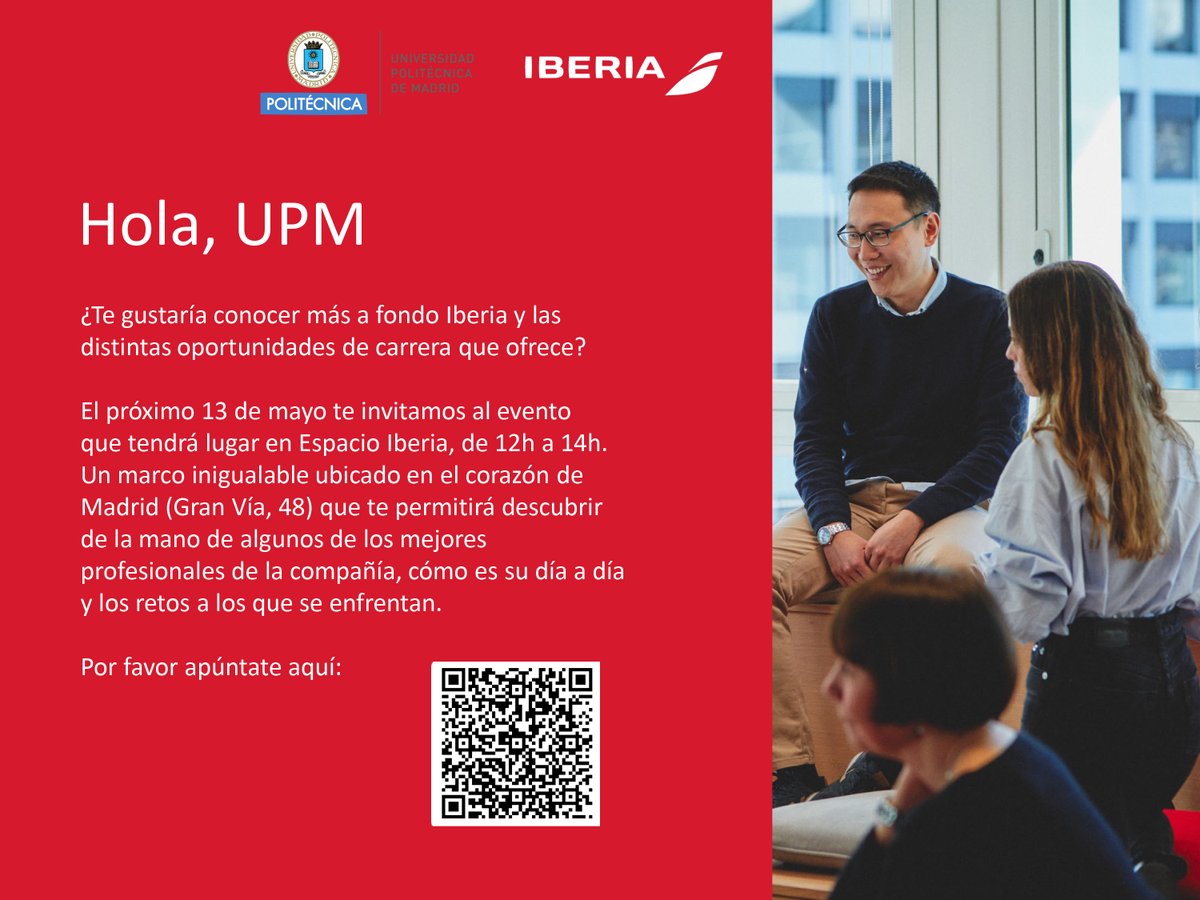 ¿Quieres conocer cómo se trabaja en @Iberia y sus oportunidades laborales? Acude a esta cita para estudiantes #ETSIAE. ✈️ Descubre #Iberia 🗓️ Lunes 13 mayo 🕛 12:00-14:00h 📍 Espacio Iberia (Gran Vía, 48) ✍️ Necesaria inscripción previa: forms.office.com/Pages/Response… @DelegacionAero