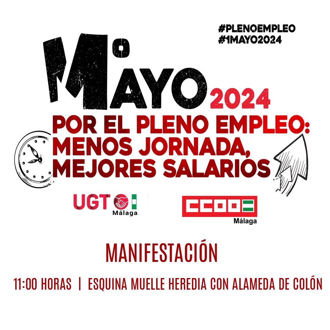 🔴 Mañana, como todos los 1° de mayo, @IzquierdaUnida estará con la clase trabajadora. Viva el #1DeMayo #1DeMayoALaCalle

🗓️ 1 de Mayo
🕑 11:00h 
📍Muelle Heredia, Alameda de Colón

✳️ Tras la manifestación habrá un encuentro y comida en la sede del @PCEMalaga de c/ Cerrojo